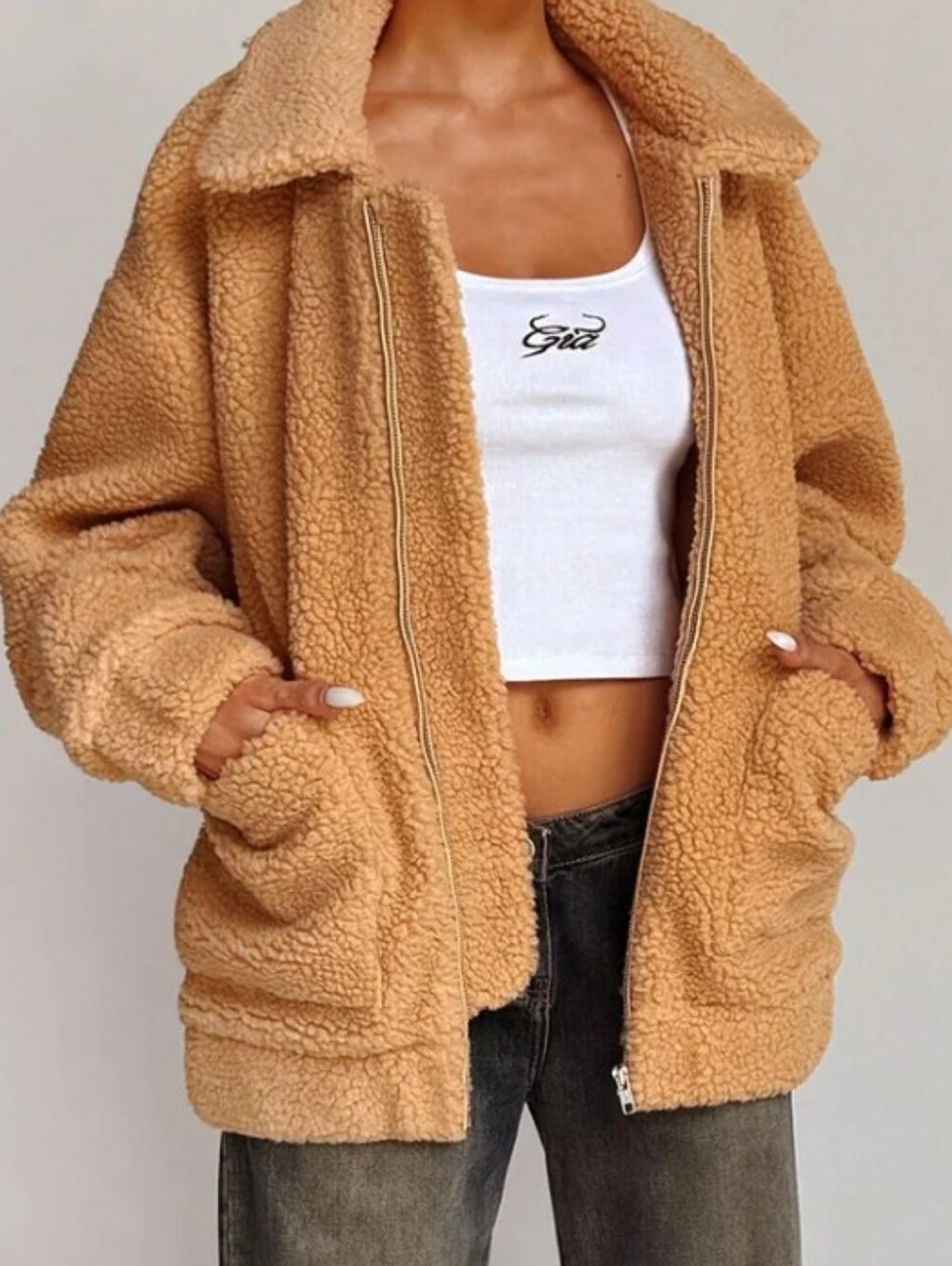 I Am.Gia Faux Sherpa Zip-Up Caramel Pixie Jacket - Size Small